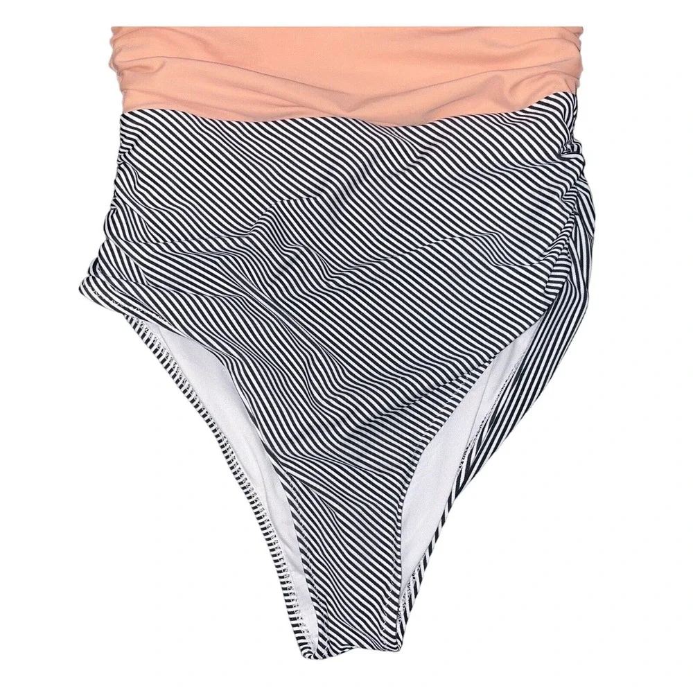 Cupshe Women's One Piece‎ Swimsuit Medium Ruching Peachy Pink Navy/White Striped